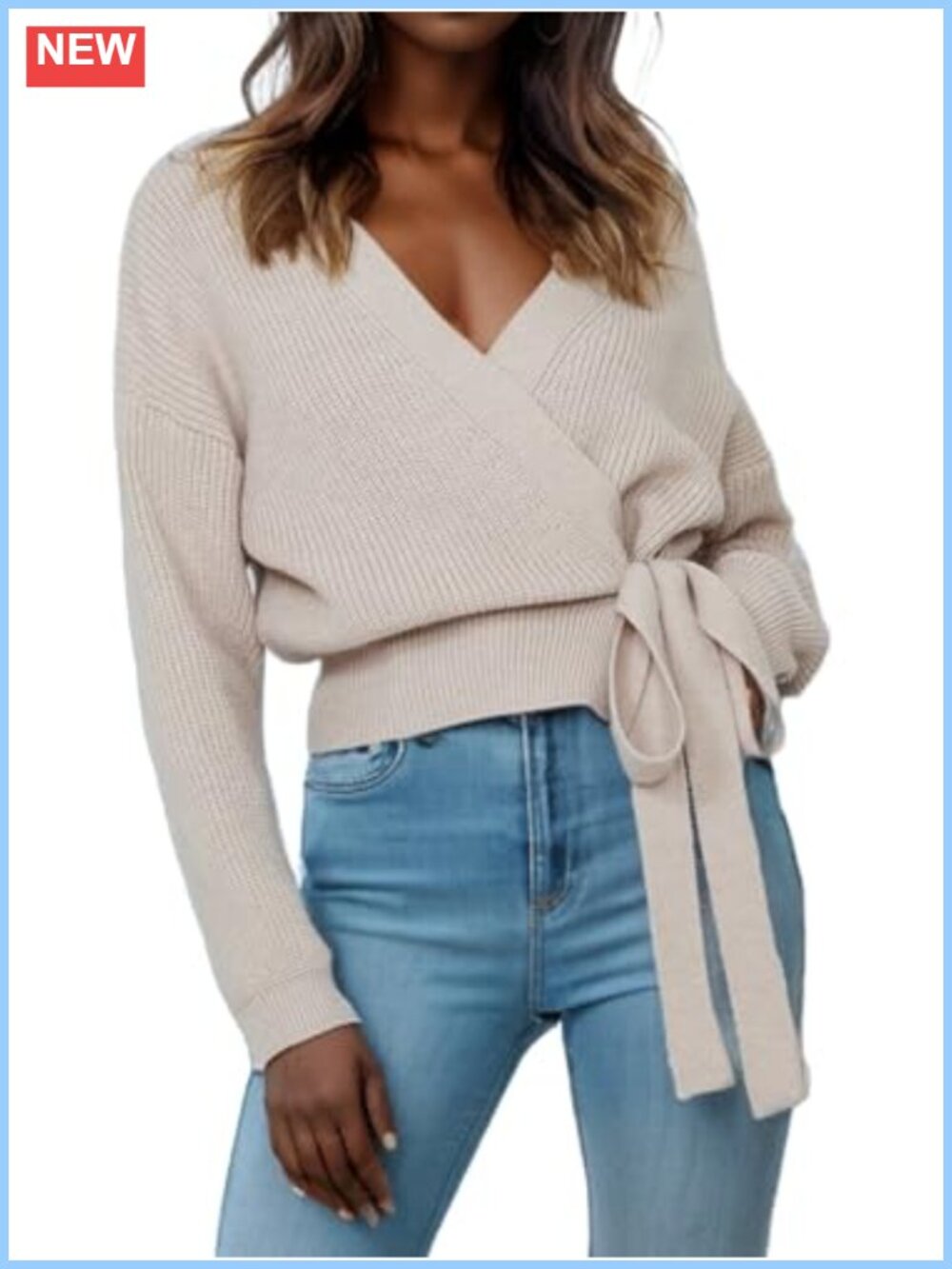 V Neck Wrap Sweater Pullover Oversized Batwing Sleeve Knit Top